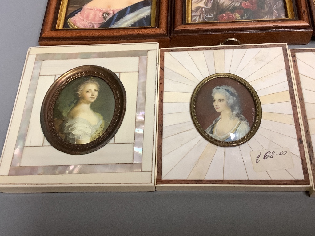 Two Victorian tortoiseshell card cases, a simulated tortoiseshell snuff box and ten framed portrait miniatures.